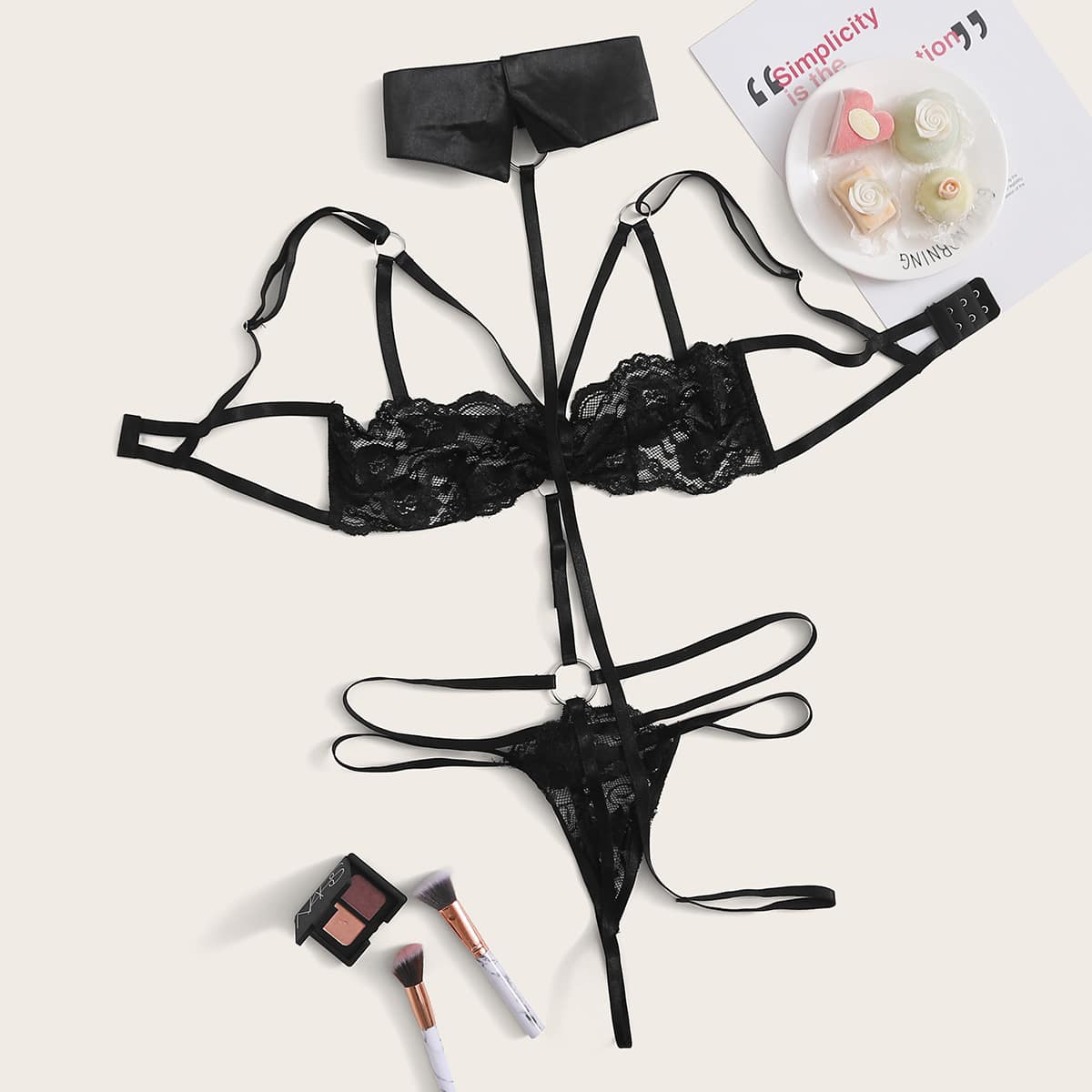 

Ring Linked Lace Harness Lingerie Set With Choker, Black