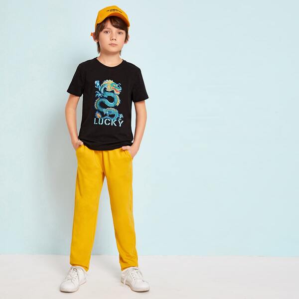 

Boys Dragon and Letter Graphic Top & Pants Set, Multicolor