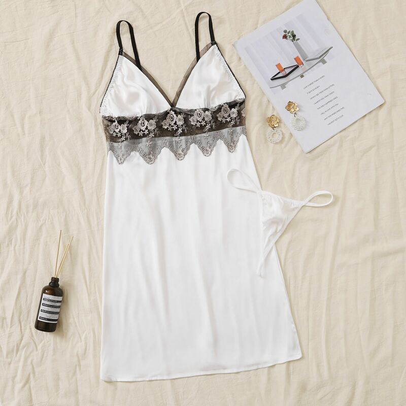 

Contrast Lace Slips With Thong, White