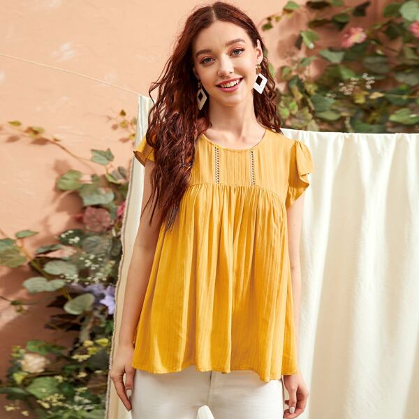 

Lace Trim Peplum Top, Yellow