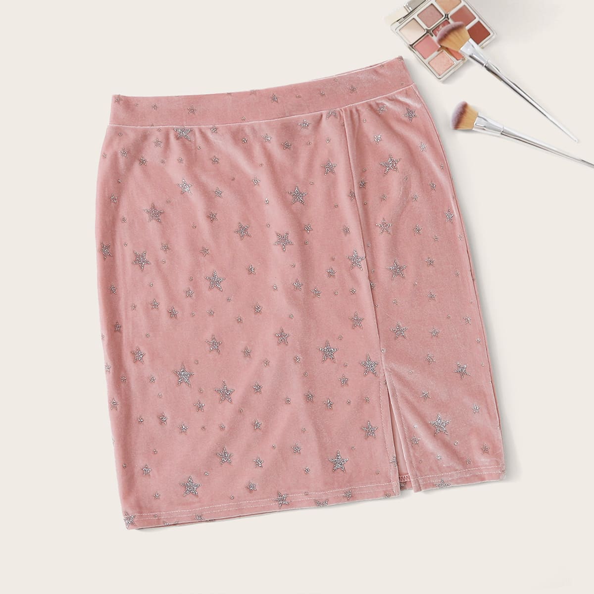 

Star Allover Print Velvet Skirt, Pink