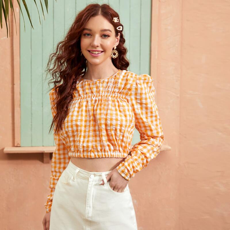 

Gingham Puff Sleeve Crop Blouse, Orange
