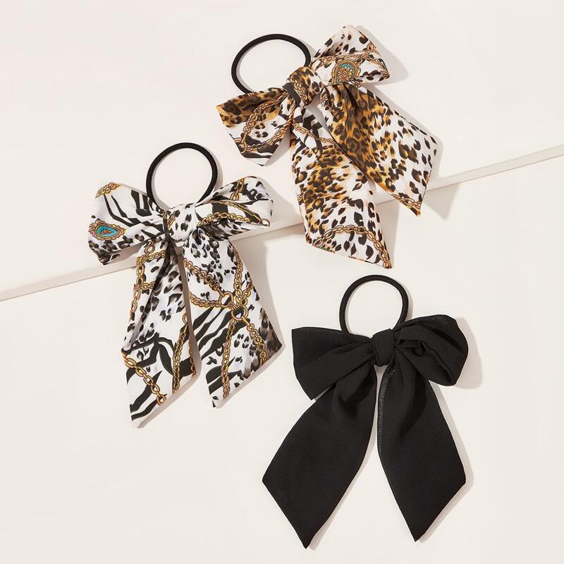 

3pcs Chain Pattern Bow Knot Decor Scrunchie, Multicolor