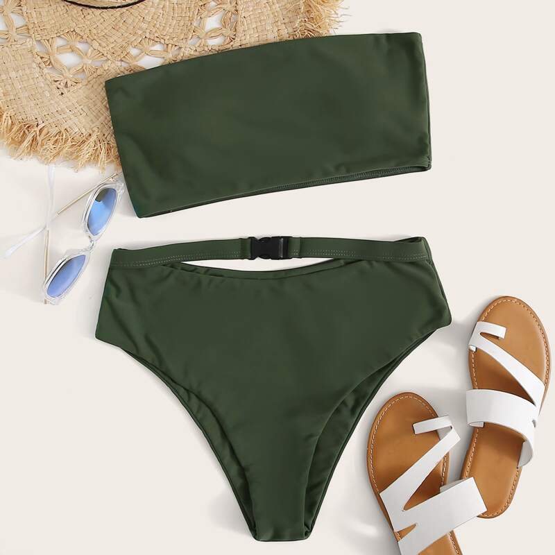 

Release Buckle Bandeau High Waisted Bikini, Army green
