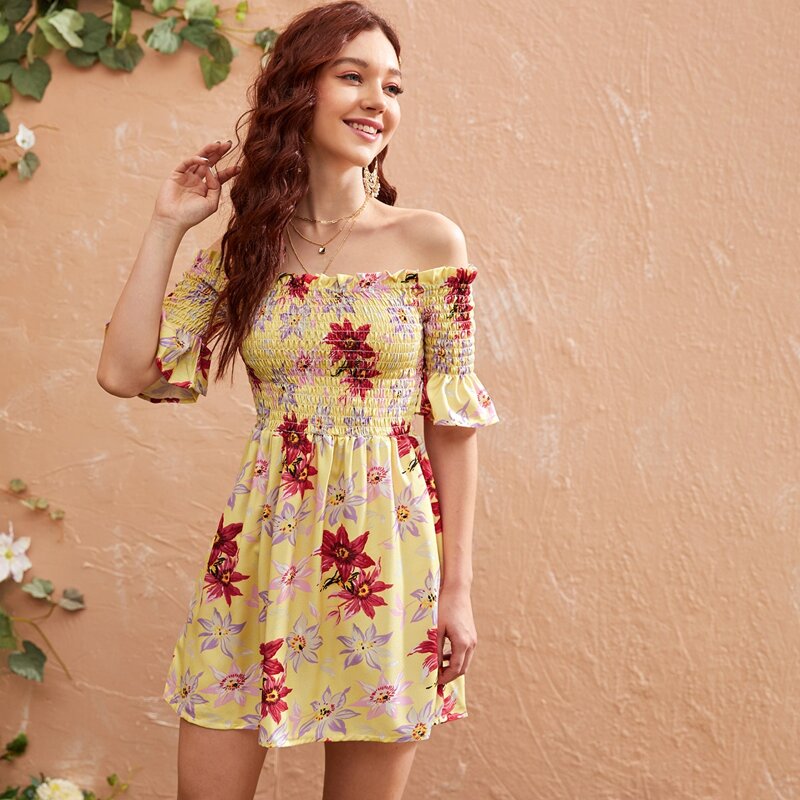 

Bardot Shirred Flounce Sleeve A-line Dress, Yellow