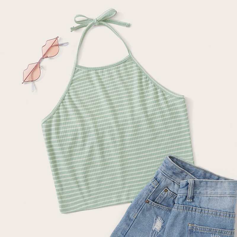 

Green Striped Crop Halter Top