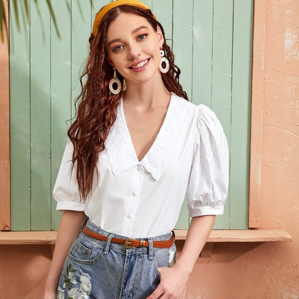 

Embroidery Collar Puff Sleeve Blouse, White