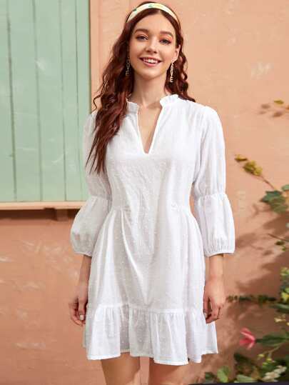 Swiss Dot Frill Notched Ruffle Hem Dress