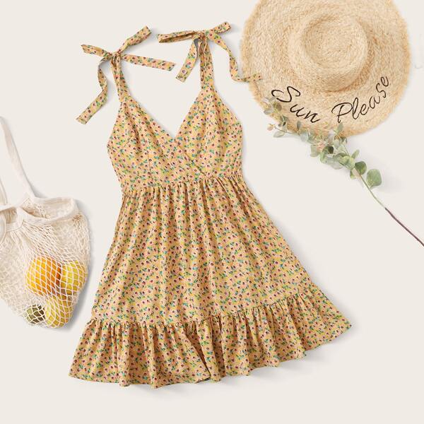 

Ditsy Floral Tie Shoulder Ruffle Hem Cami Dress, Yellow