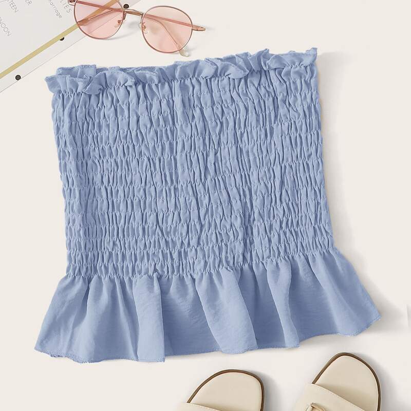 

Shirred Peplum Tube Top, Blue