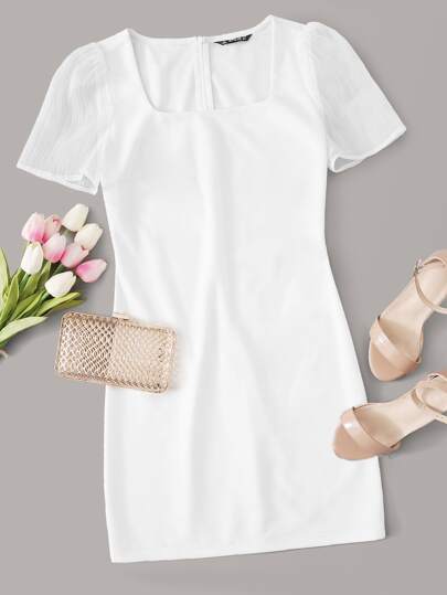 方形領半圓透明袖包臀連衣裙