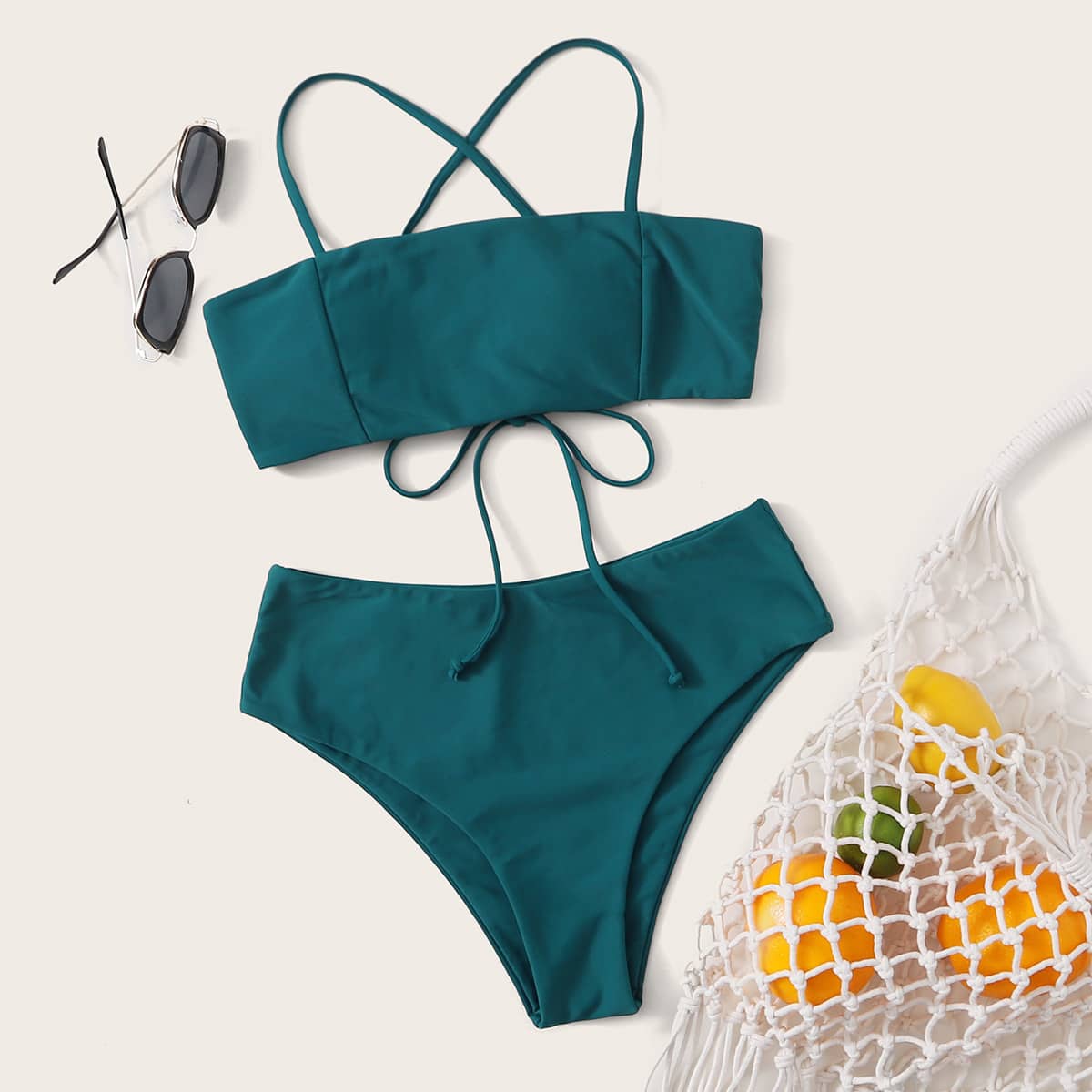 

Criss Cross Tie Back High Waisted Bikini, Green