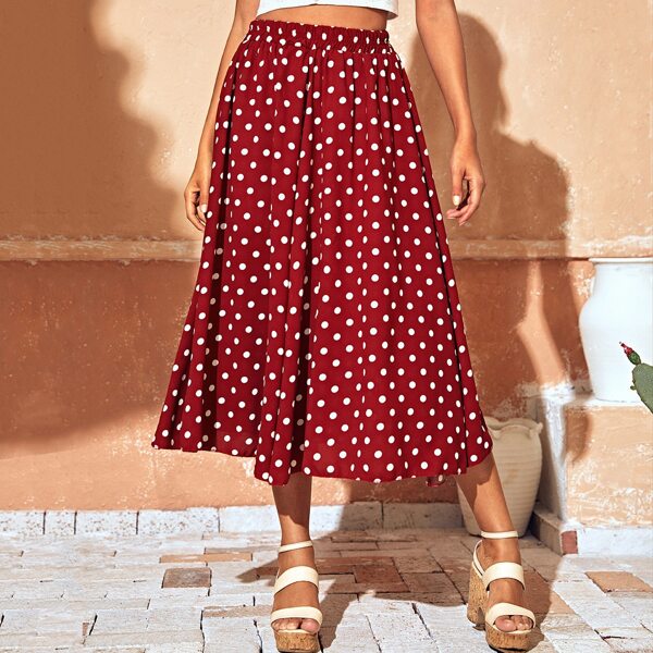 

Polka Dot Elastic Waist Skirt, Burgundy