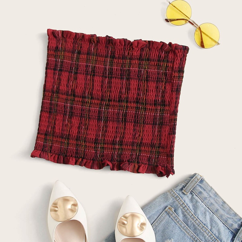 

Tartan Plaid Shirred Tube Top, Red