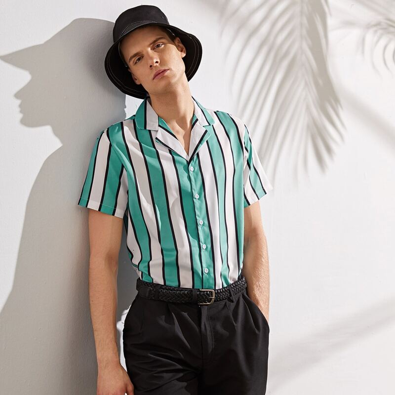 

Guys Lapel Neck Colorblock Striped Shirt, Blue