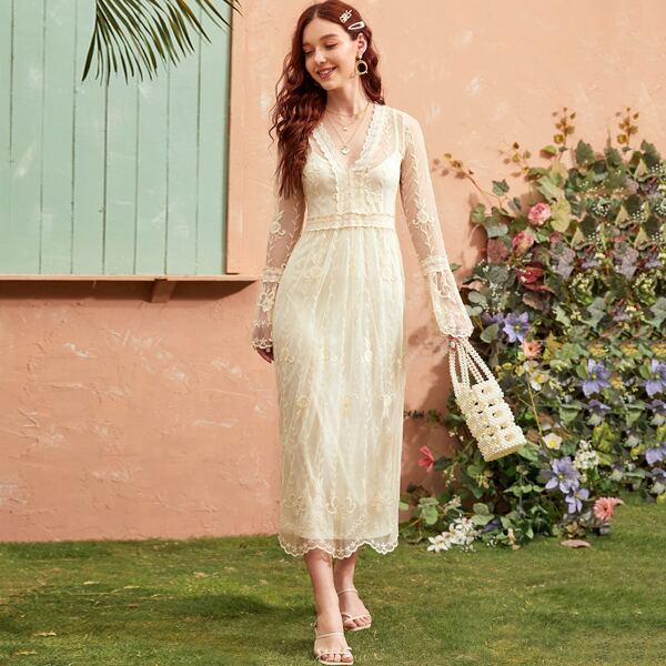 

Flower Embroidered Sheer Mesh Overlay Dress, Beige