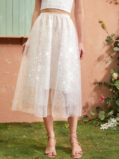 Elastic Waist Sequin Detail Layered Mesh Skirt