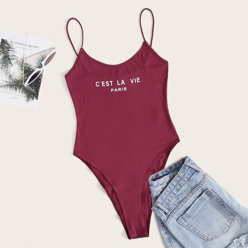 

Slogan Graphic Slip Bodysuit, Burgundy