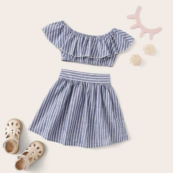 

Toddler Girls Striped Flounce Off Shoulder Crop Top & Elastic Waist Skirt, Blue