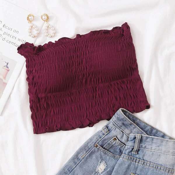 

Frill Trim Shirred Bralette, Burgundy