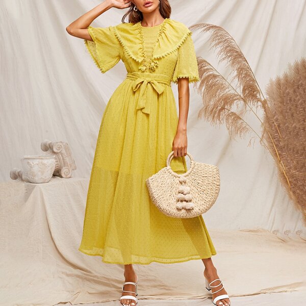 

Cut Out Tie Back Ruffle Trim Self Belted Swiss Dot Dress, Yellow bright