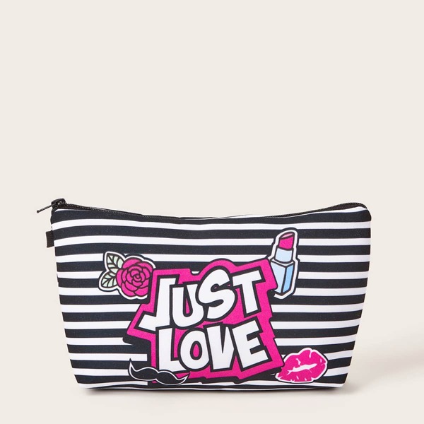 

Striped & Letter Graphic Makeup Bag, Multicolor