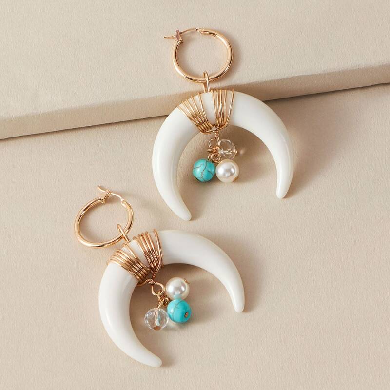 

1pair Faux Pearl & Moon Decor Drop Earrings, White