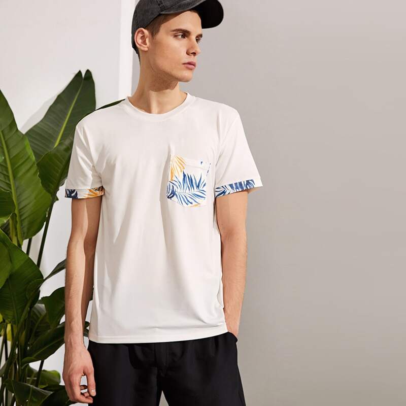 

Guys Leaf Print Round Neck Tee, White