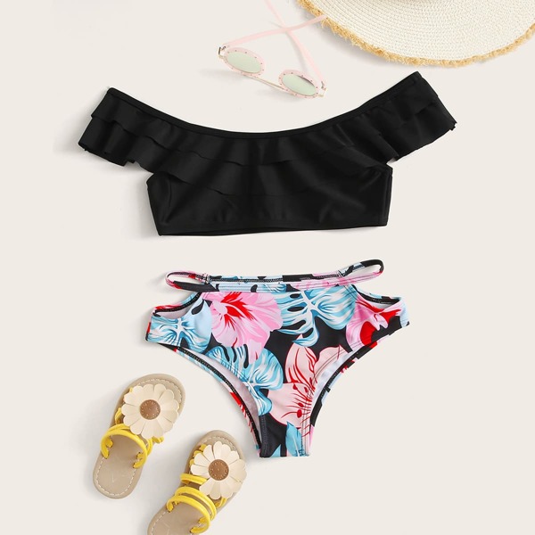 

Girls Tropical Ruffle Trim Cut-out Bikini, Multicolor