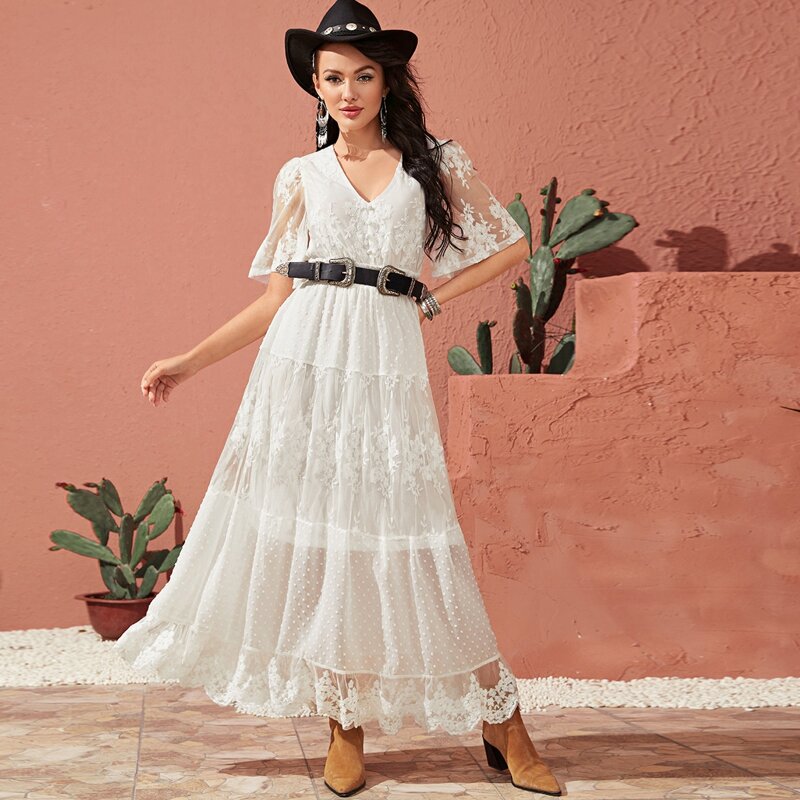 

Tiered Hem Embroidery Mesh & Swiss Dot Dress Without Belt, White