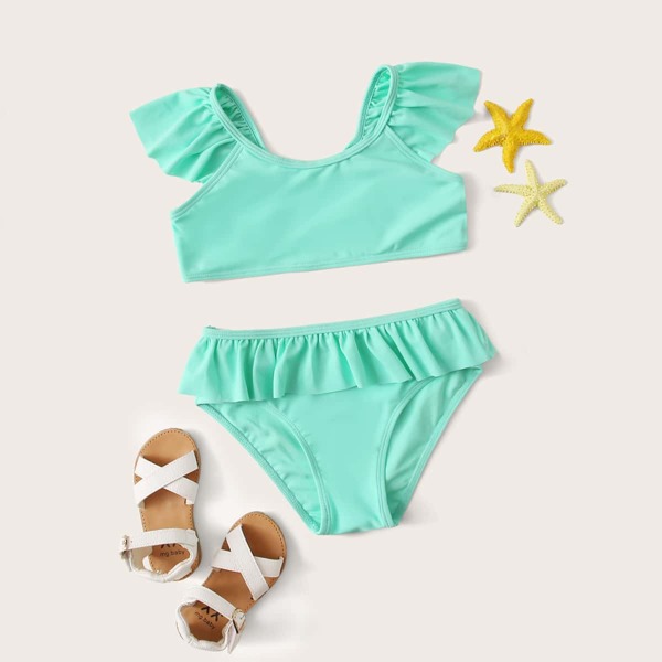 

Girls Ruffle Trim Bikini Set, Green