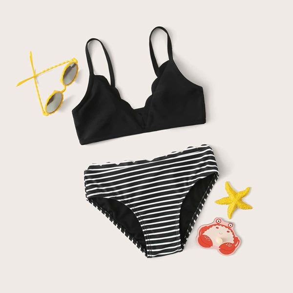 

Girls Striped Scallop Trim Bikini Set, Black