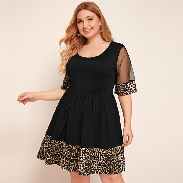 

Plus Contrast Mesh Leopard Panel Dress, Black