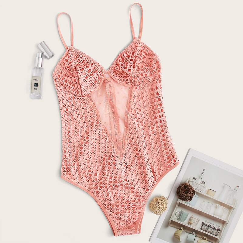 

Contrast Mesh Zipper Teddy Bodysuit, Pink