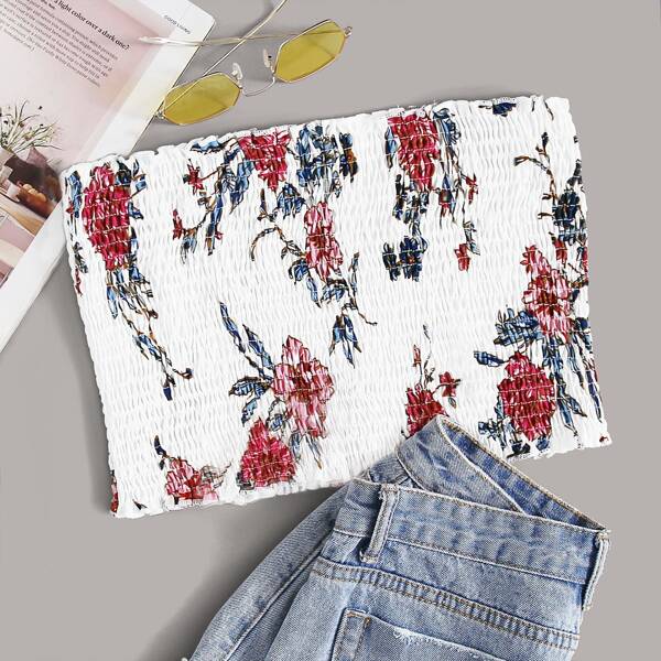 

Plus Shirred Flower Print Tube Top, White