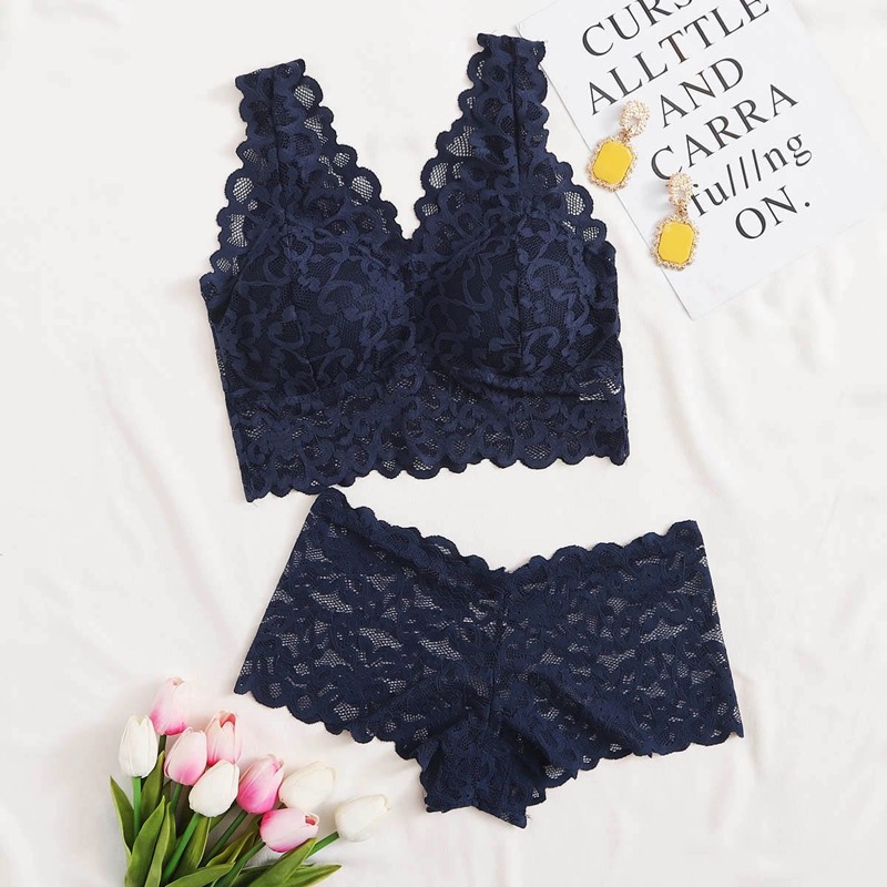

Scallop Floral Lace Lingerie Set, Navy blue