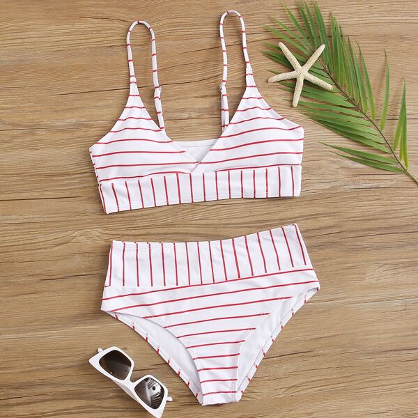 

Striped High Waisted Bikini, White