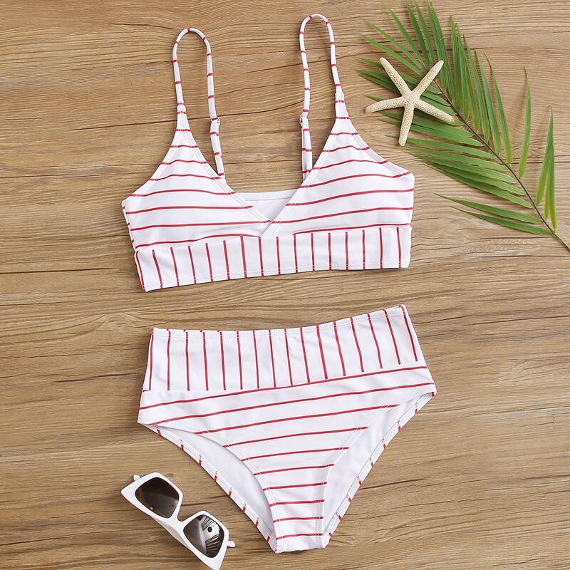 

Striped High Waisted Bikini, White