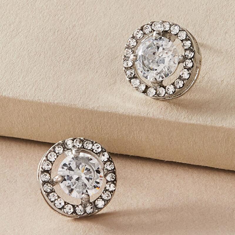 

1pair Rhinestone Decor Round Stud Earrings, Silver
