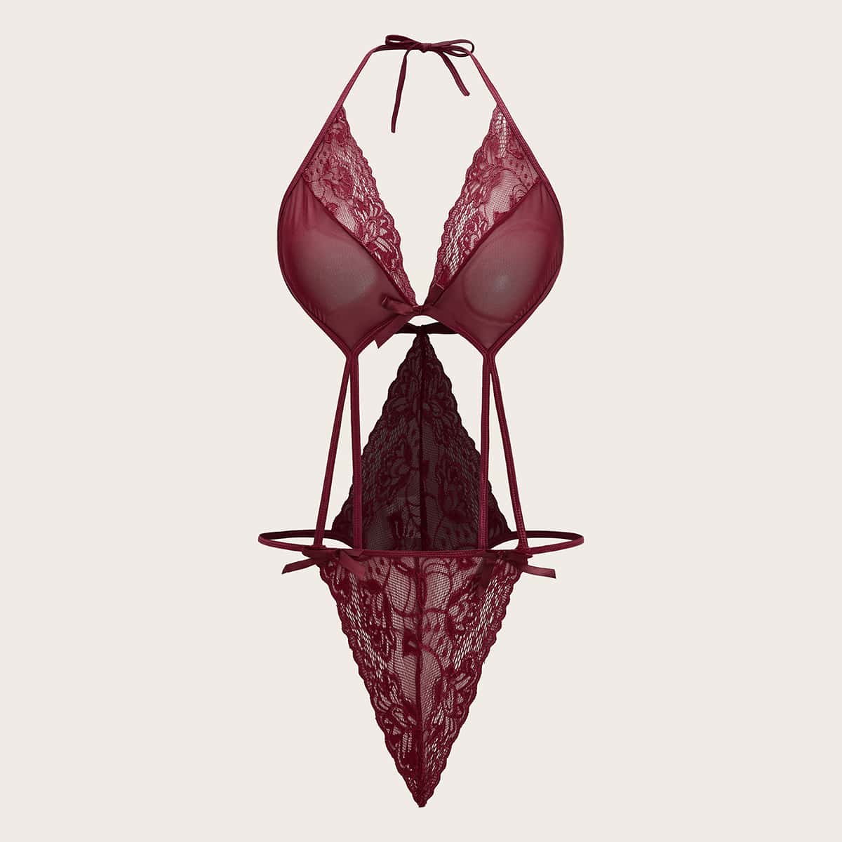 

Floral Lace Halter Teddy Bodysuit, Burgundy