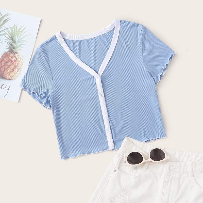 

Button Front Lettuce Trim Crop Tee, Blue