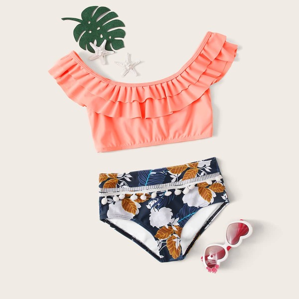 

Girls Tropical Ruffle Trim Pompom Bikini Set, Multicolor