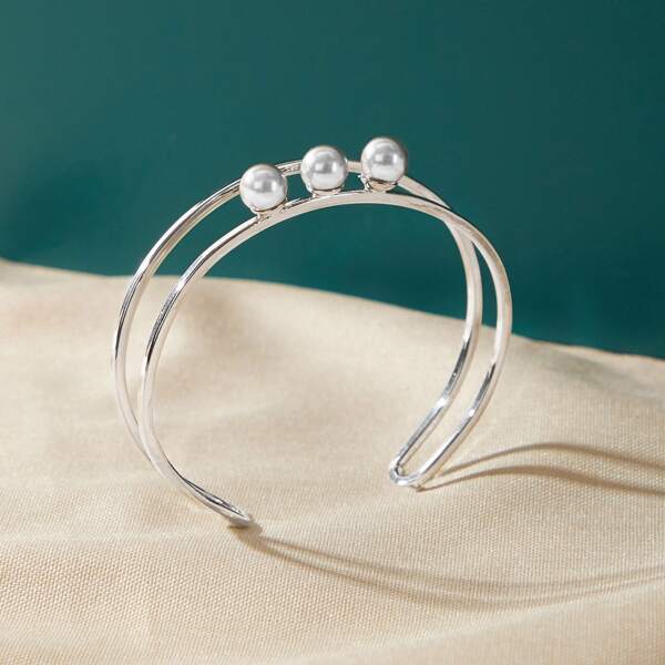 

1pc Faux Pearl Decor Double Layered Cuff Bracelet, Silver