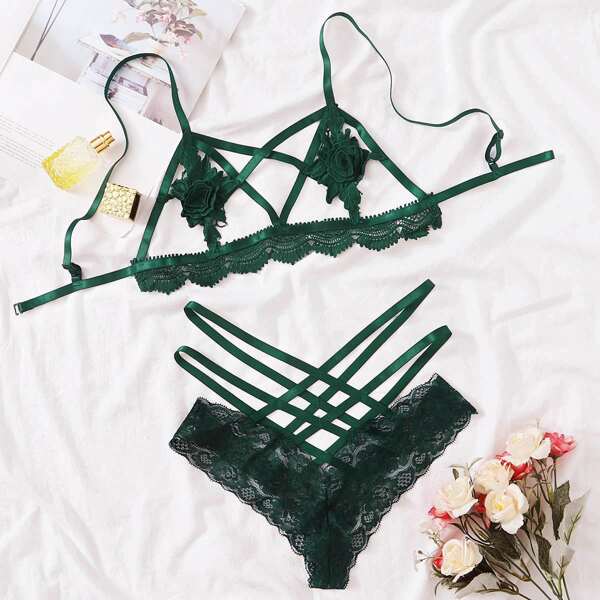 

Floral Applique Harness Lingerie Set, Green