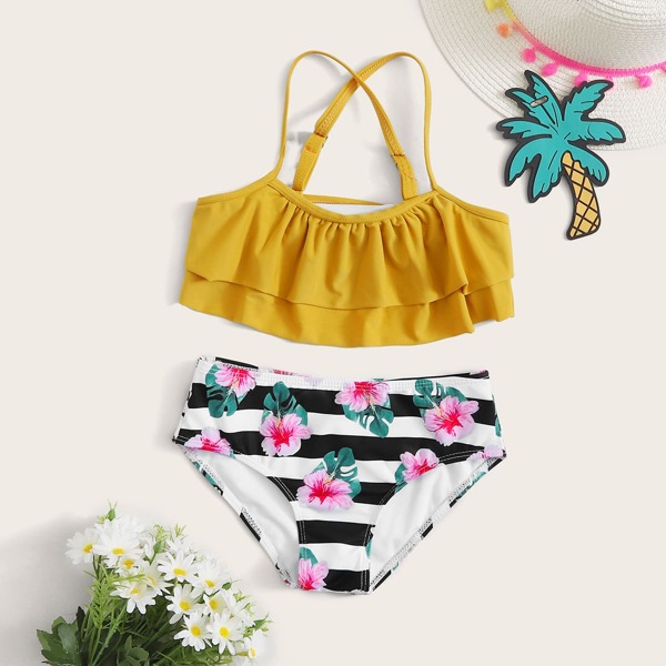 

Girls Floral & Striped Tiered Layer Bikini, Multicolor