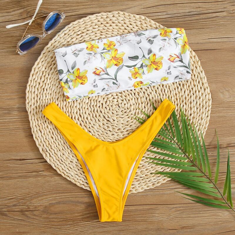

Floral Bandeau High Cut Bikini Swimsuit, Yellow