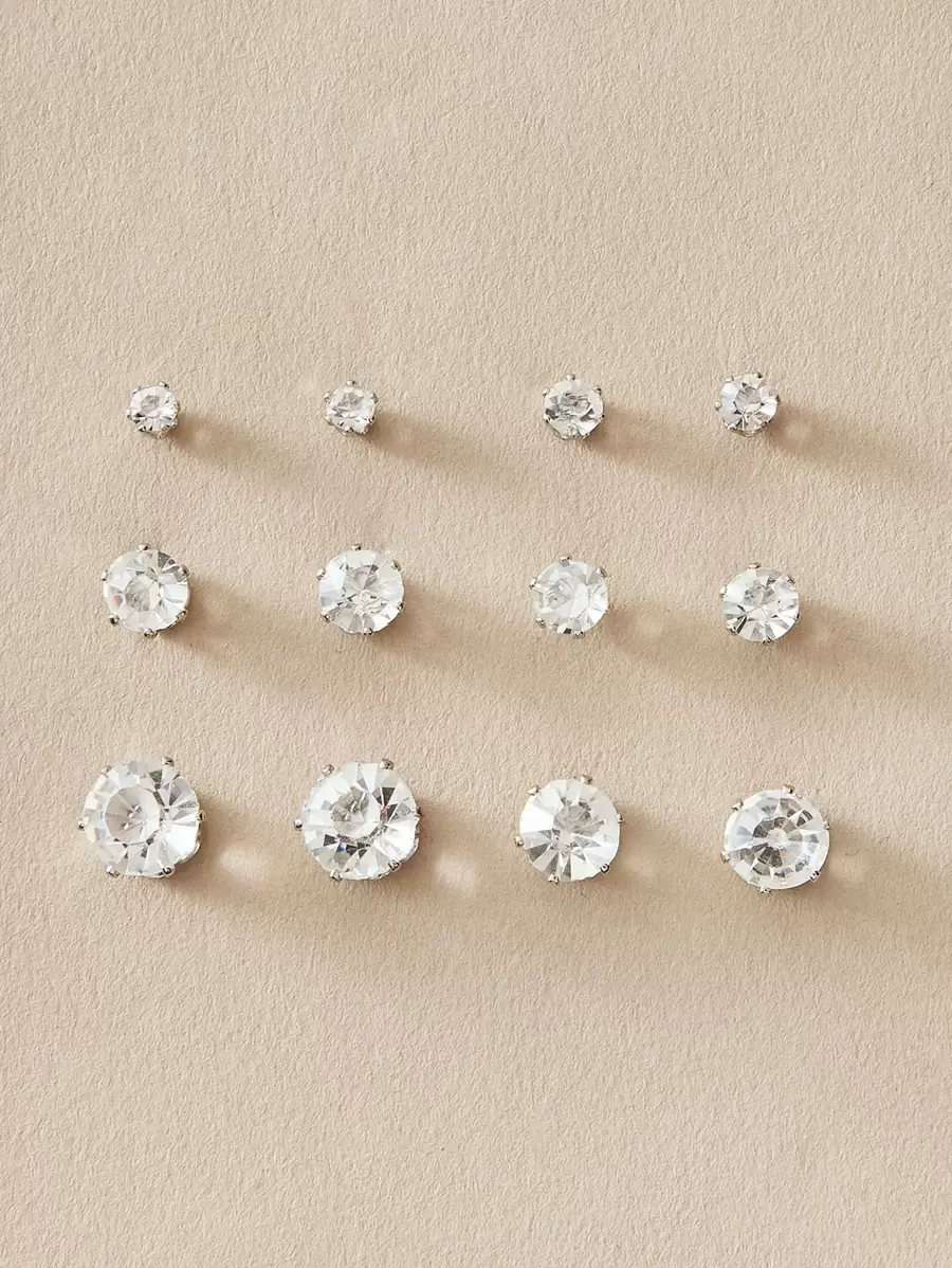 6pairs Rhinestone Decor Stud Earrings - Silver - View 1