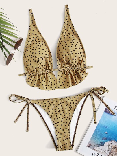 Polka Dot Ruffle Tie Side Bikini