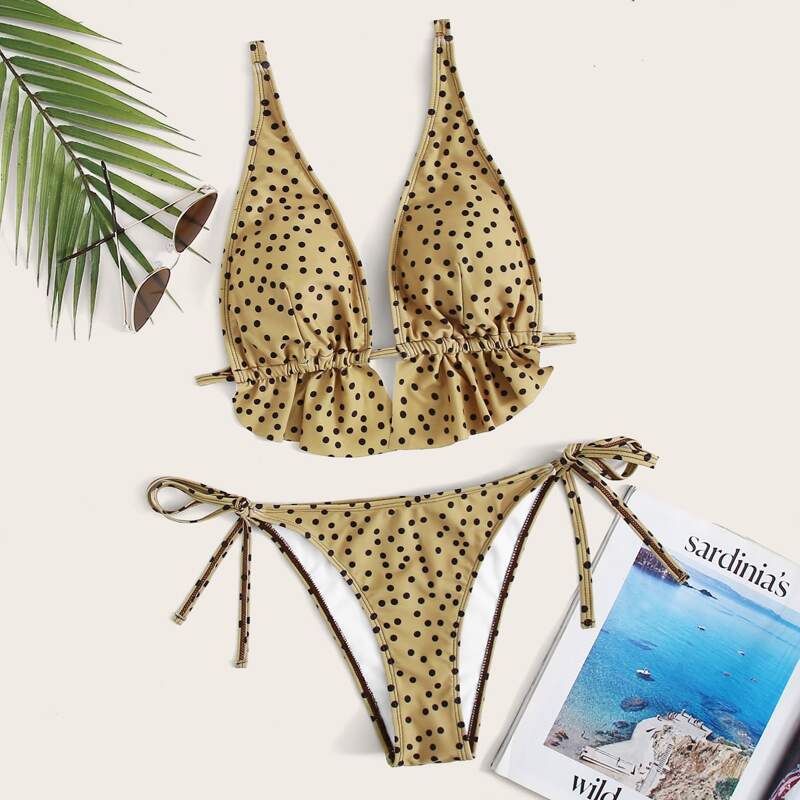 

Polka Dot Ruffle Tie Side Bikini, Multicolor