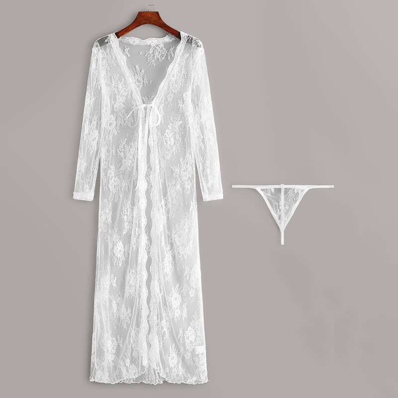 

Floral Lace Robe With Thong, White